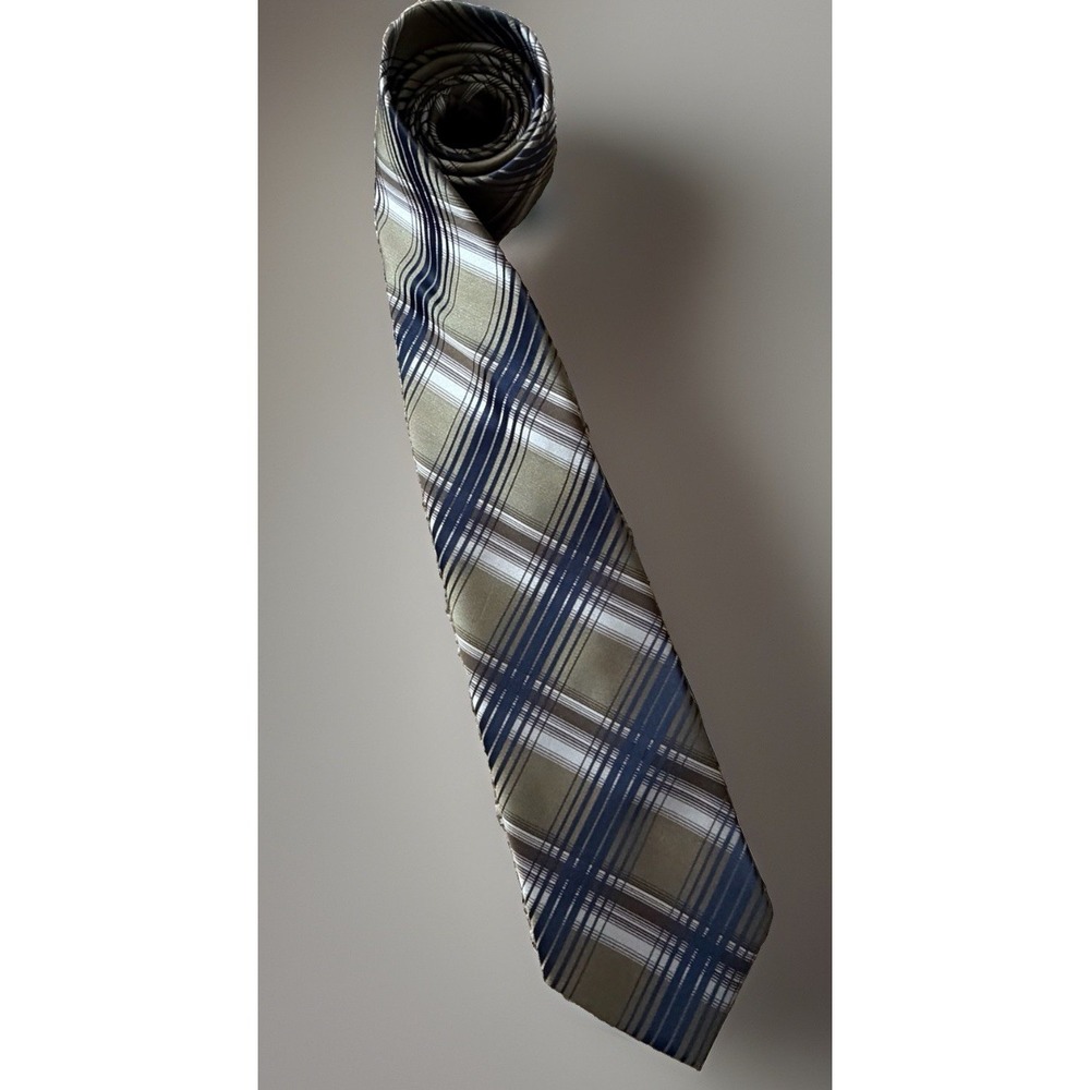 Laurant Bennet Milano Neckwear Tie Gold Blue Plaid Pattern Polyester JBHS
